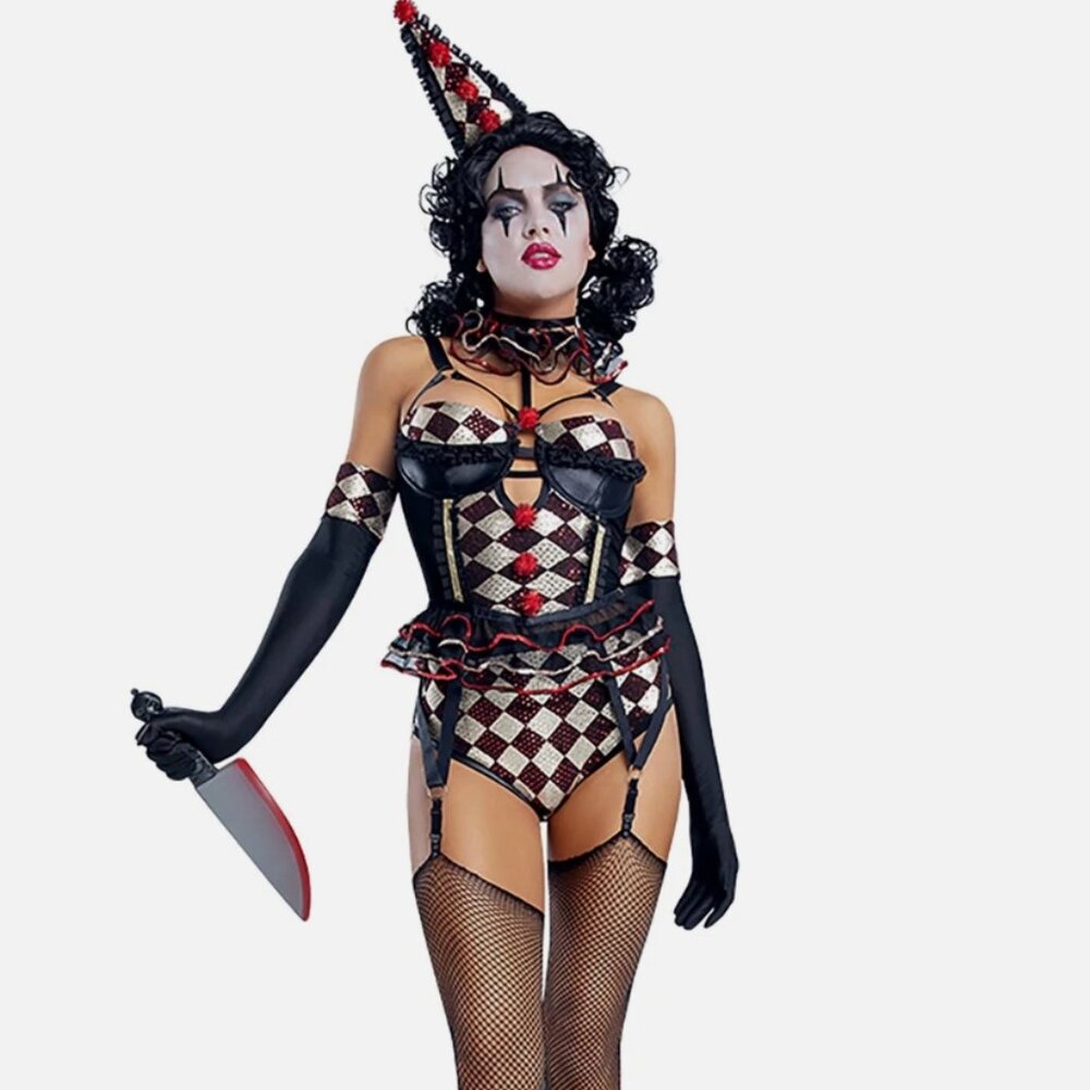 Women's Sexy Killer Clown Costume, Size XL, NWT (with white clown makeup)